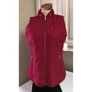 Crown & Ivy Cranberry Red Quilted Vest, Sz Medium, Womens, Gold Accents, Preppy